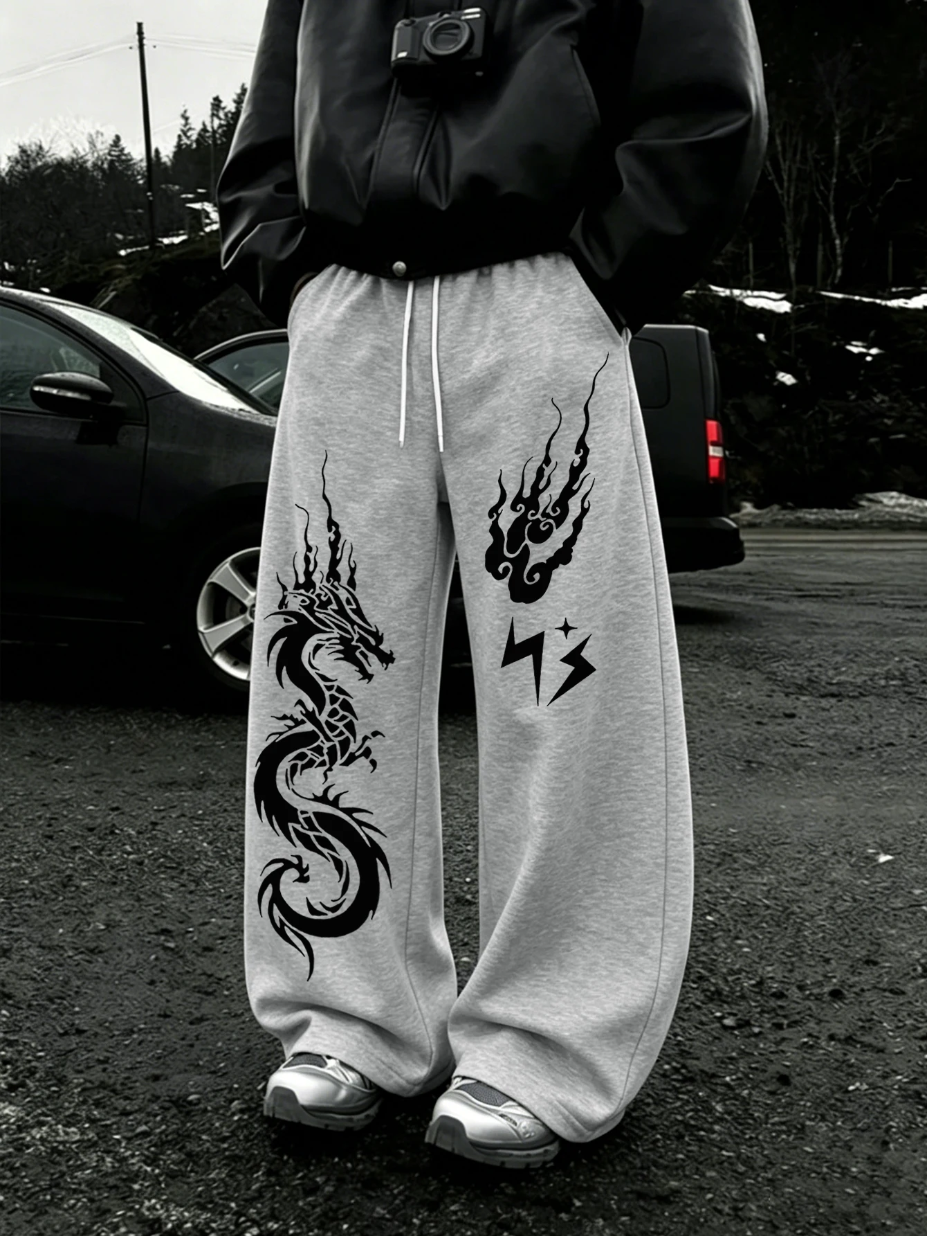 Men Y2K Dark Streetwear Sweatpants, Oriental Dragon Cloud Lightning Asymmetrical Double Side Print Drawstring Loose Baggy Pants