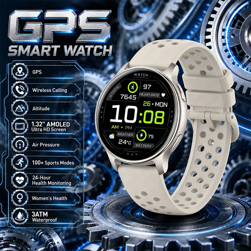 2026 AMOLED GPS Fitness Watch 1.32-inch Full Touch Screen Bluetooth Call 3ATM Waterproof Custom Dials Health Monitor Smart Watch