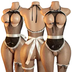 Medias de cuerpo completo de sirvienta con pechos expuestos y diseño sin entrepierna para la noche sexual. Red de pesca Teddy Body Porn Lencería sexy