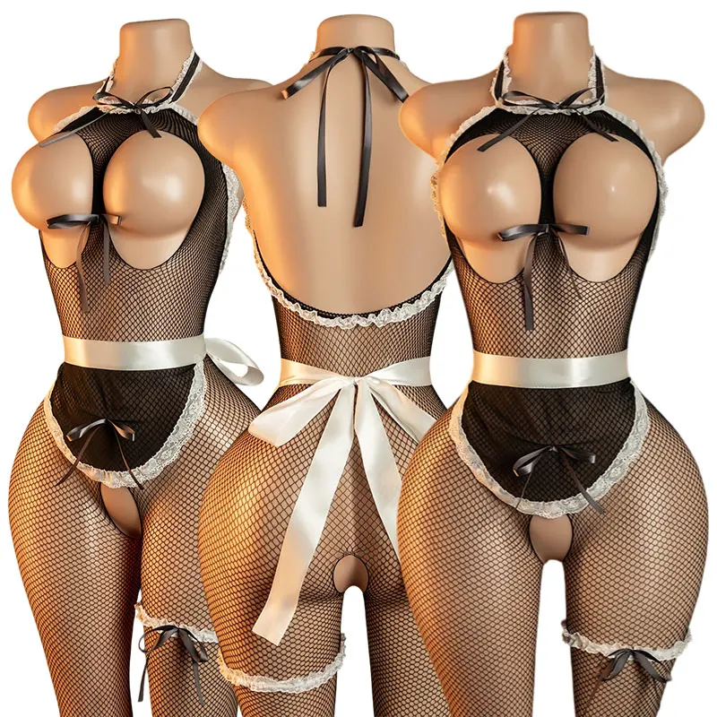 Maid Full Body Stockings With Exposed Breasts And Crotchless Design For Sex Night! Fishing Net Teddy Bodysuit Porn Sexy Lingerie