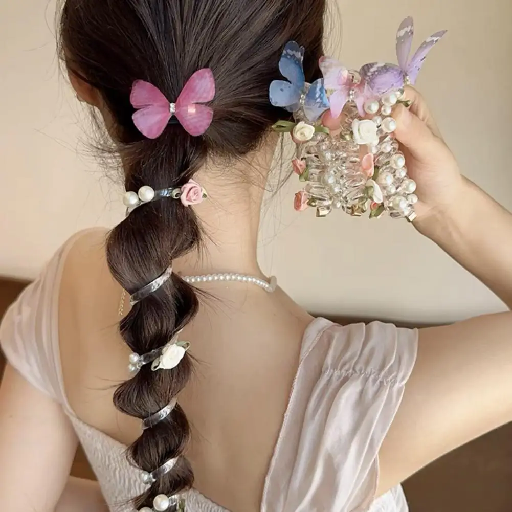 

4Pcs Hair Rope Spiral Hair Bands Flower Butterflies Decor Ponytail Holders Bun Braid Elastic Non-slip Hairbands Hair Accessories