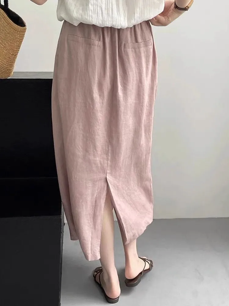 

Розовая льняная утягивающая прямая юбка средней длины с высокой талией и разрезом для женщин, летняя юбка грушевидной формы для поездок на работу