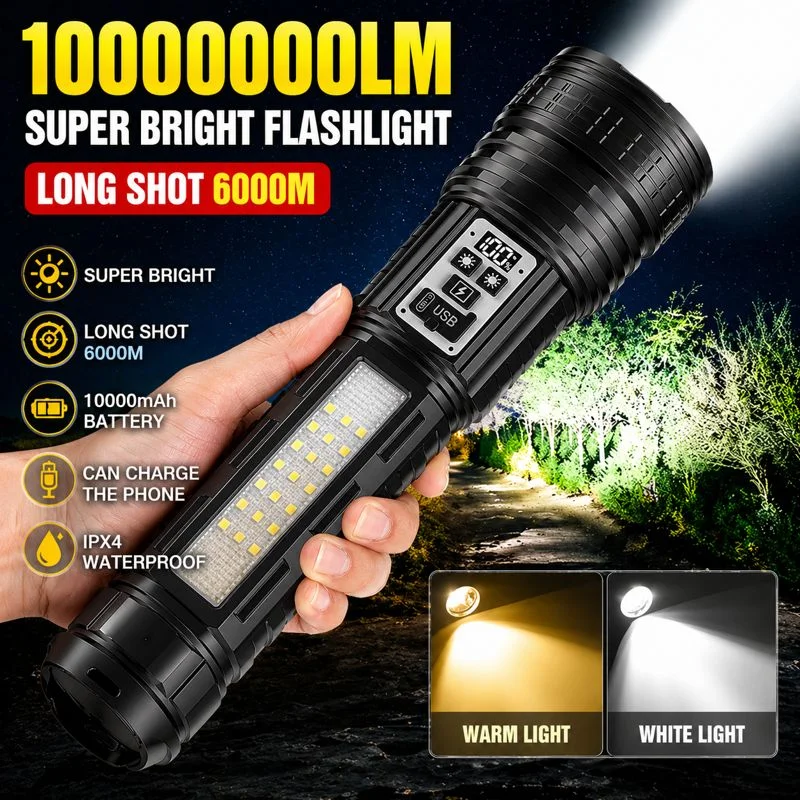 

High Power Rechargeable LED Flashlight Super Bright Long Range Torch with Built in Battery and Power Bank Function for Outdoor