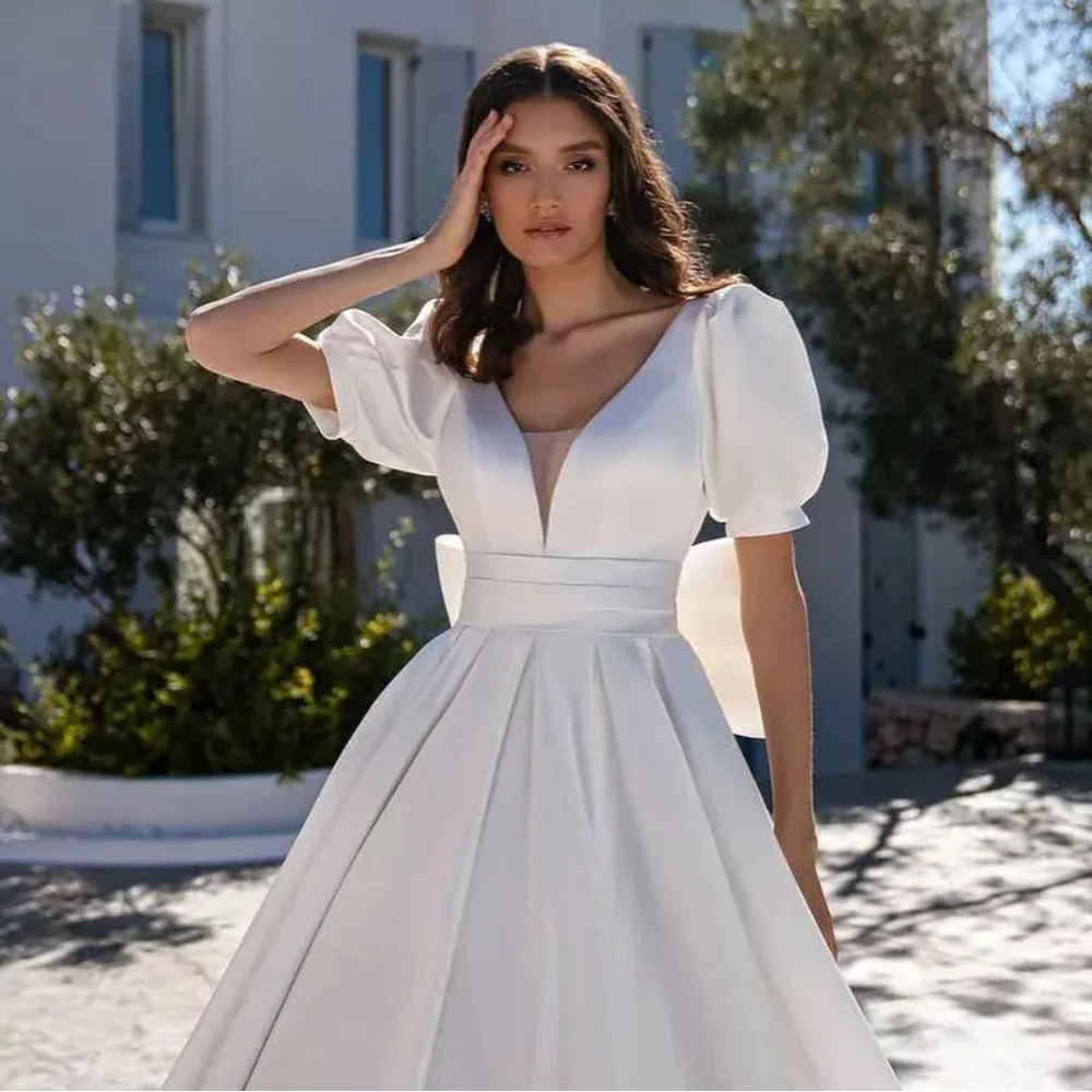 Luxury White Satin Wedding Dresses For Women 2024 Short Sleeves Puff Bow Bridal Dress With Pockets Customize Vestidos De Novia