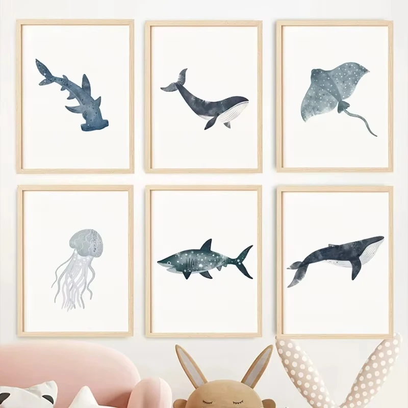 1pc frameless Canvas Painting 1PC Frameless Sea Animals Watercolor Poster Ocean Whale Shark Jellyfish Stingray Canvas Painting W
