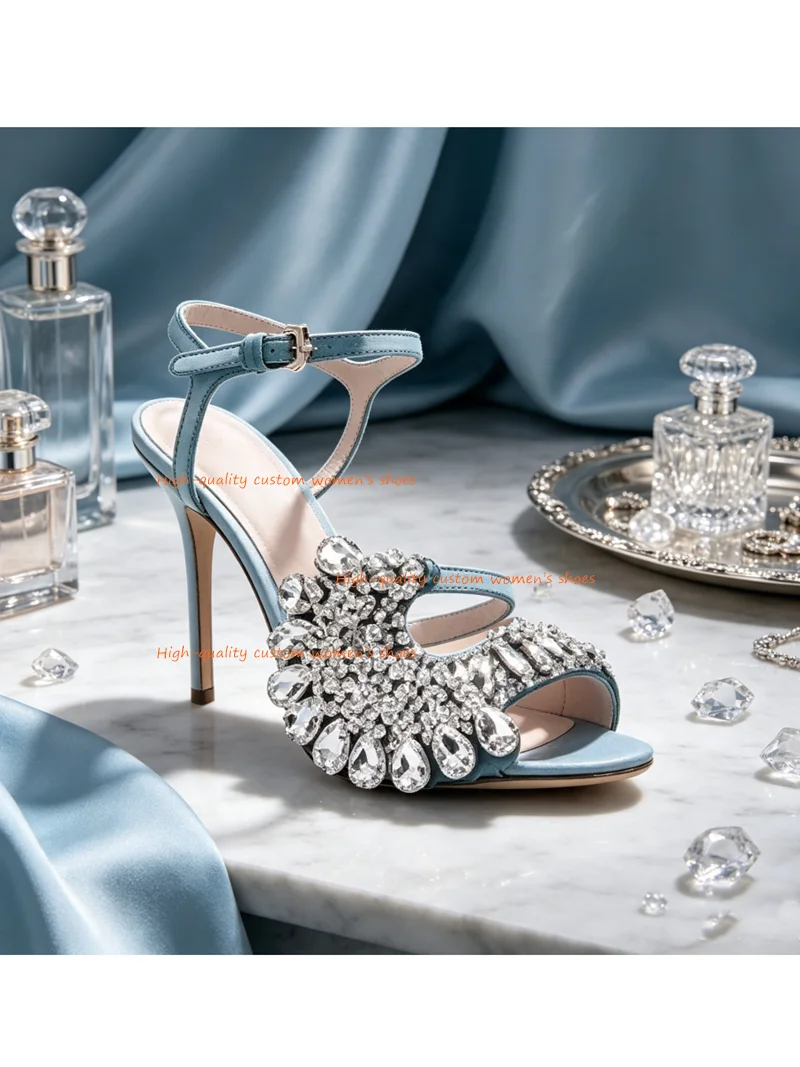 Haze Blue Shoe  C-shaped Silk Fabric Retro Women's Shoes Round Head Manual Dense Mosaic Water Droplets Big Diamond Evening Shoes