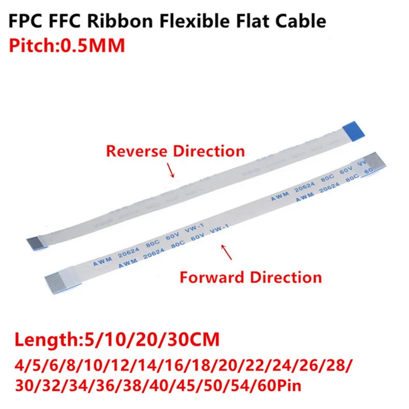 10Pcs FPC/FFC Ribbon Flexible Flat Cable 0.5MM Pitch 4 5 6 8 10 12 14 16 18 20 22 24 26 30 32 34 36 38 40 45 50 54 60 Pin