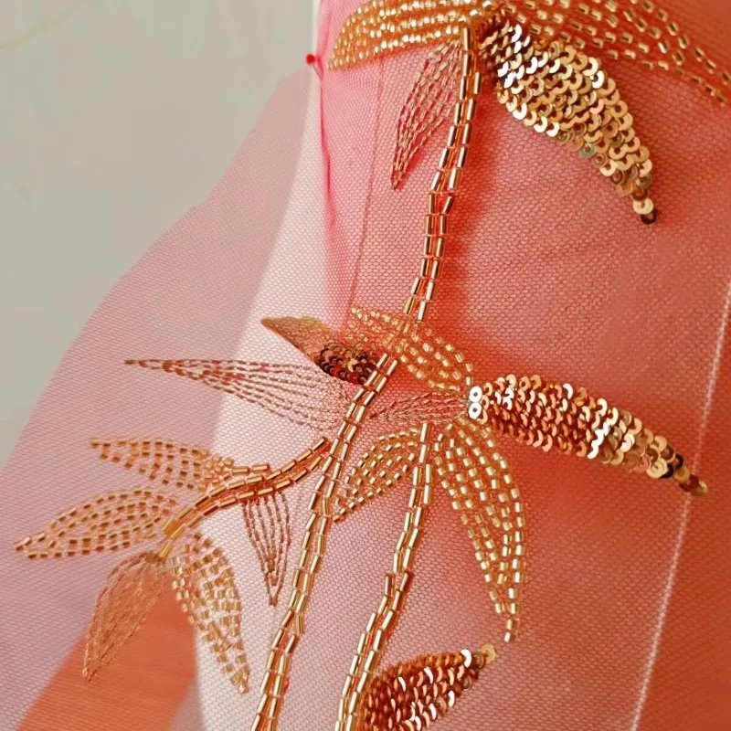 

New High-quality Bamboo Leaf Bead Embroidery Decal Fabric, Handmade Wedding Dress, Clothing Background Decoration Accessories