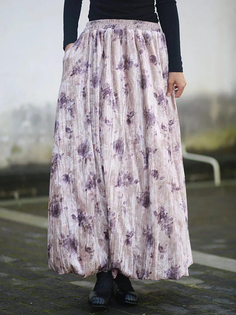 Tiyihailey feminino veludo a linha maxi saia cintura elástica saia de veludo com bolso longo maxi outono inverno lavagem de tinta tie-dye