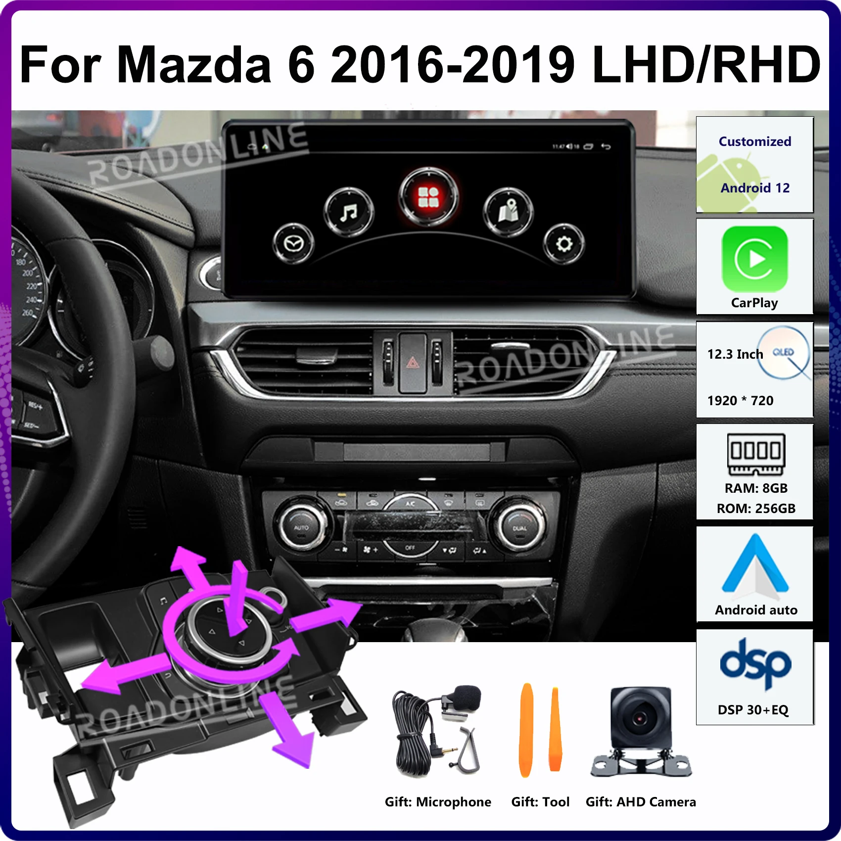 ワイヤレスカーマルチメディアプレーヤー,ステレオラジオ受信機,タッチスクリーン,GPS, CarPlay, Android 12, Mazda 6, Mazda 6 2016-2019, 12.3インチ