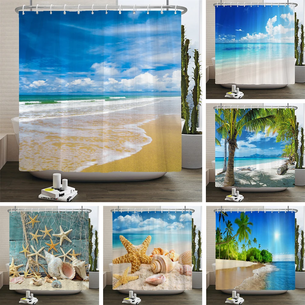 3d Beach Scenery Shower Curtains Sea Ocean Mediterranean Bathroom  Waterproof Cloth Decoration 180*240cm Bath