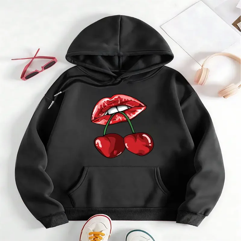 

Женский мягкий пуловер, толстовка с красными губами и вишневым рисунком, повседневная уличная одежда на каждый день, осень-зима, удобный крой, милый пуловер с капюшоном