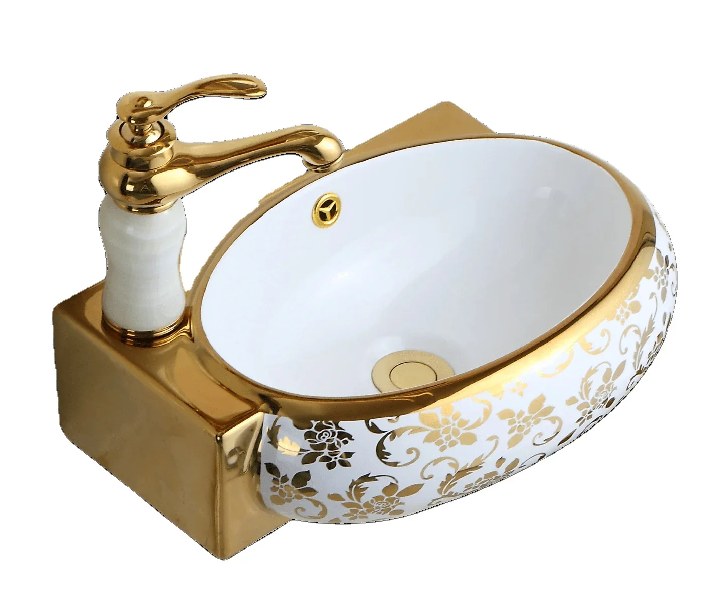 

Luxurious Golden White Floral Pattern One-piece Wall Hung Basin Bathroom Ceramic Sink Semi Wash Basin and Wall Mounted Sink WC