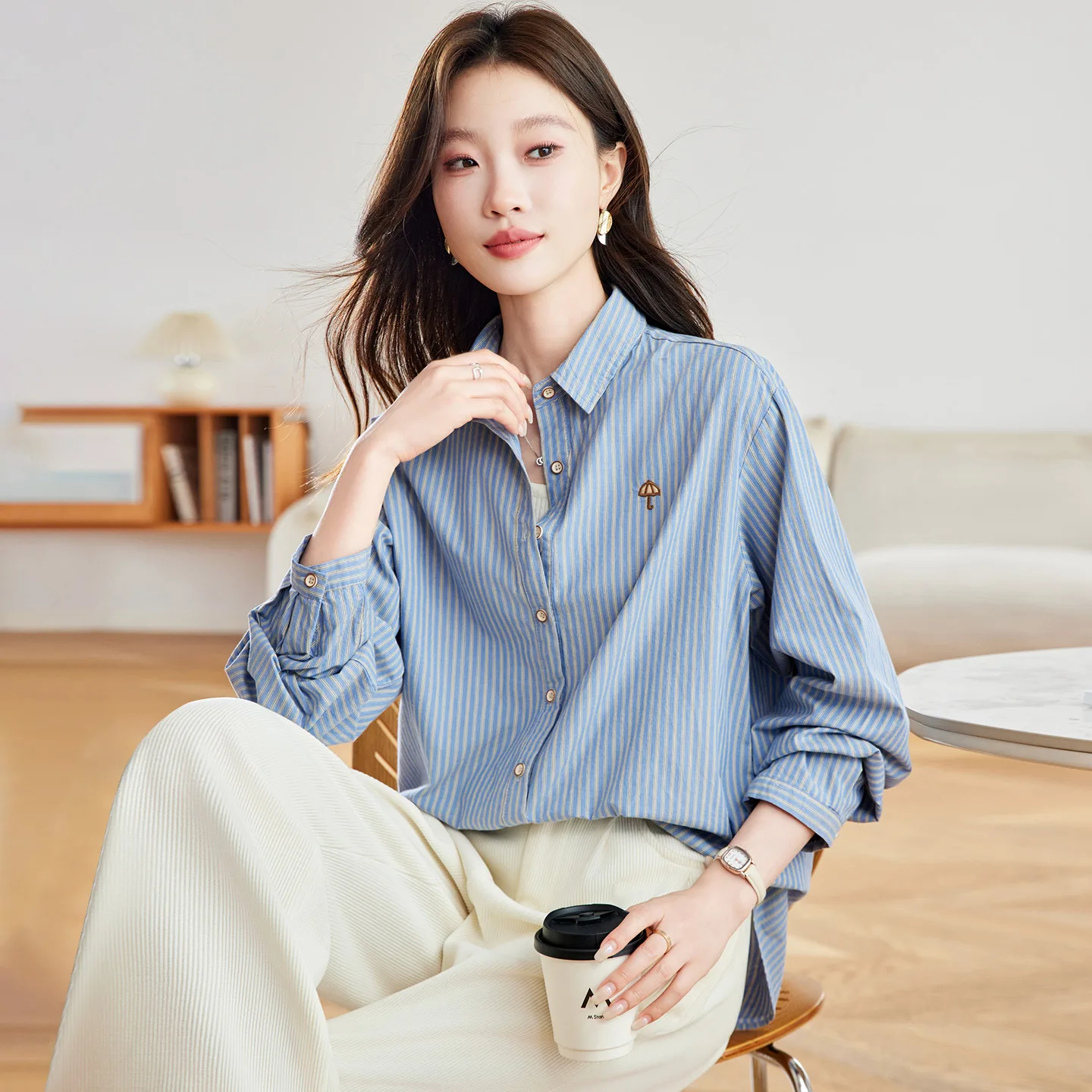 

Blue Striped Cotton irt Women's Spring Autumn Loose Fit Long Sve Vintage Commute Sle High End Feel Top