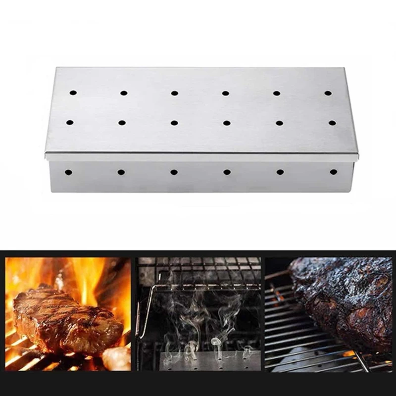 Portable Stainless Steel BBQ Smoker Box Create Even and Denser Smoke for Grill N58B