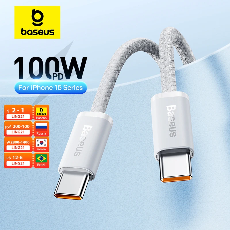 Baseus USB C 케이블, 아이폰 16, 15 플러스, 프로 맥스, 맥북 프로, 아이패드, PD 고속 충전기 코드, C타입 케이블, 100W