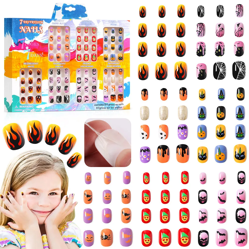 84pcs Kids Press On Nails Halloween False Fake Nails Full Cover Stick On Nails Children Nail Stickers False Nail Decor