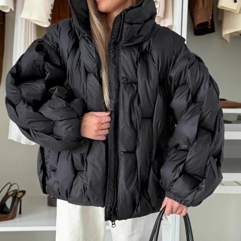 

Хлопковая стеганая женская куртка в клетку с длинным рукавом, свободный воротник-стойка, модная верхняя одежда, однотонная повседневная уличная верхняя одежда, осень-зима 2023 г.