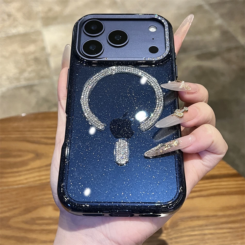 Funda transparente magnética con purpurina y marco Diomond de lujo para iPhone 17 16 15 Pro Max 17pro lente de aleación para cubierta naranja Magsafe