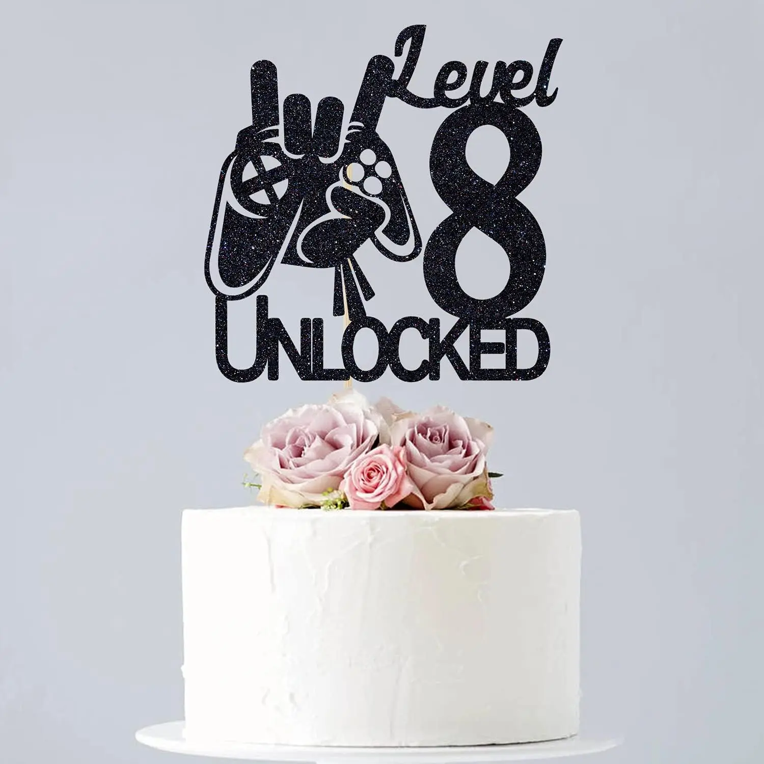 Videospiel Level 8 Deko-Set für Geburtstagstorten, Schwarzer Glitzer Junge 8. Geburtstag Tortendekoration