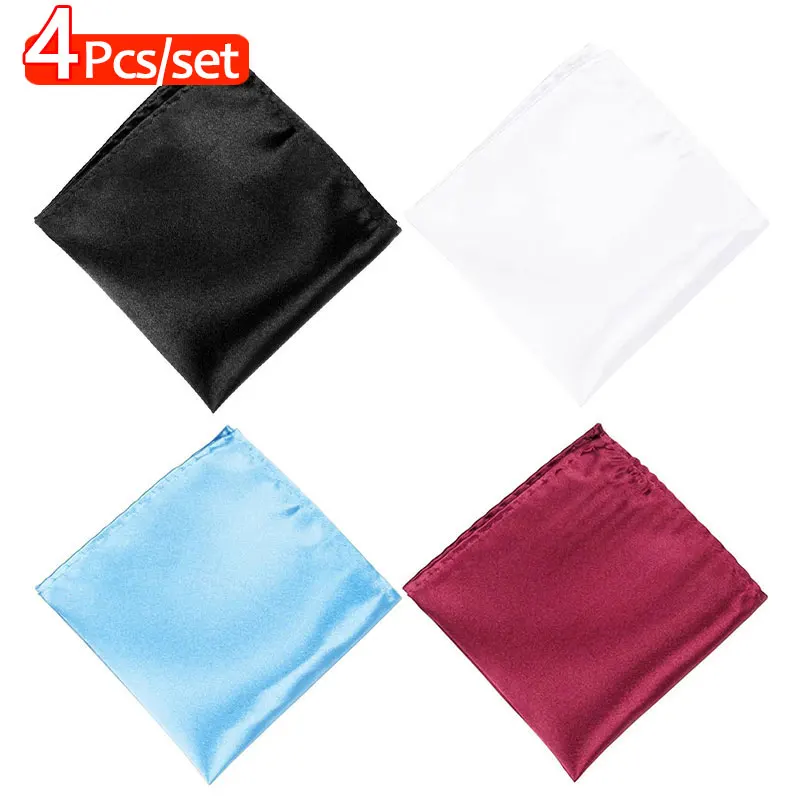 4 ชิ้นสีทึบสไตล์ผ้าเช็ดหน้าคลาสสิก Pocket Square Men's Pocket Square ซาติน Hanky สําหรับชุดแต่งงานอย่างเป็นทางการ
