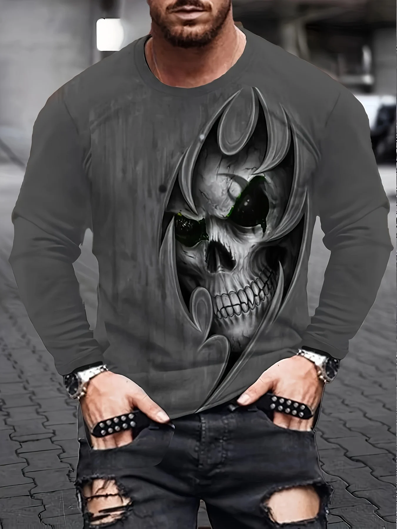 

Men's Fashion 3D Skull Print Long Sleeve T-Shirt, Sports T-Shirt, Loose Top autumn
