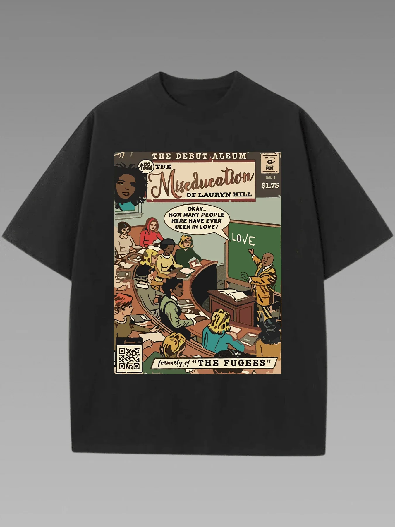 

Plus - Size Retro Music Tee, Black Short - Sleeve with Album Cover Pattern