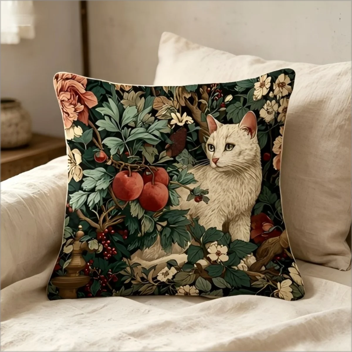 Cottagecore White Cat Throw Pillow Cover, Retro Floral Fruit Botanical Garden Cushion Case for Living Room Bedroom Couch Sofa
