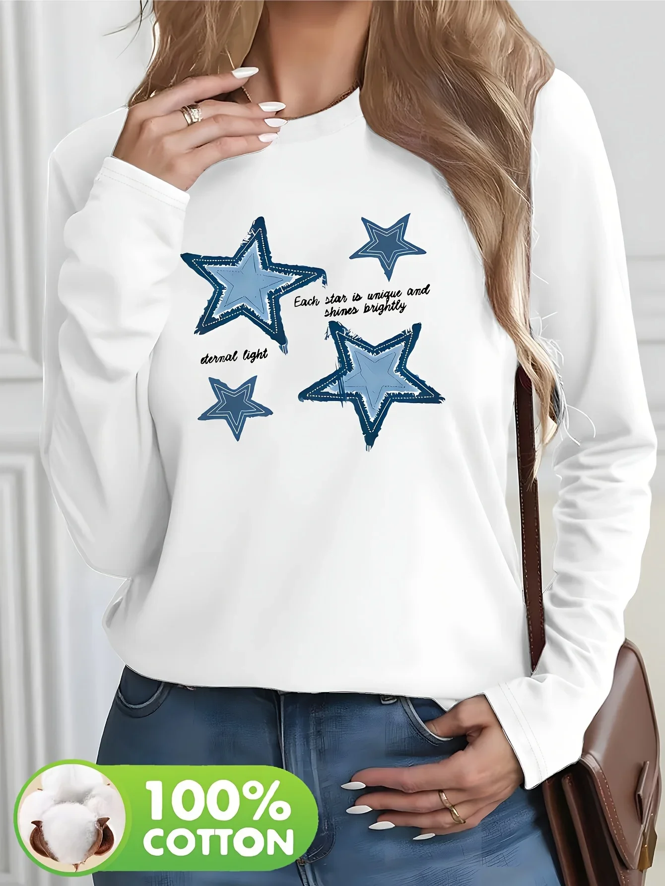 90s Hip Hop Fashion Heavyweight 100% Cotton Long Sleeve T-Shirt with Blue Star Print Y2k Casual Festive Top for Holiday T Shirt