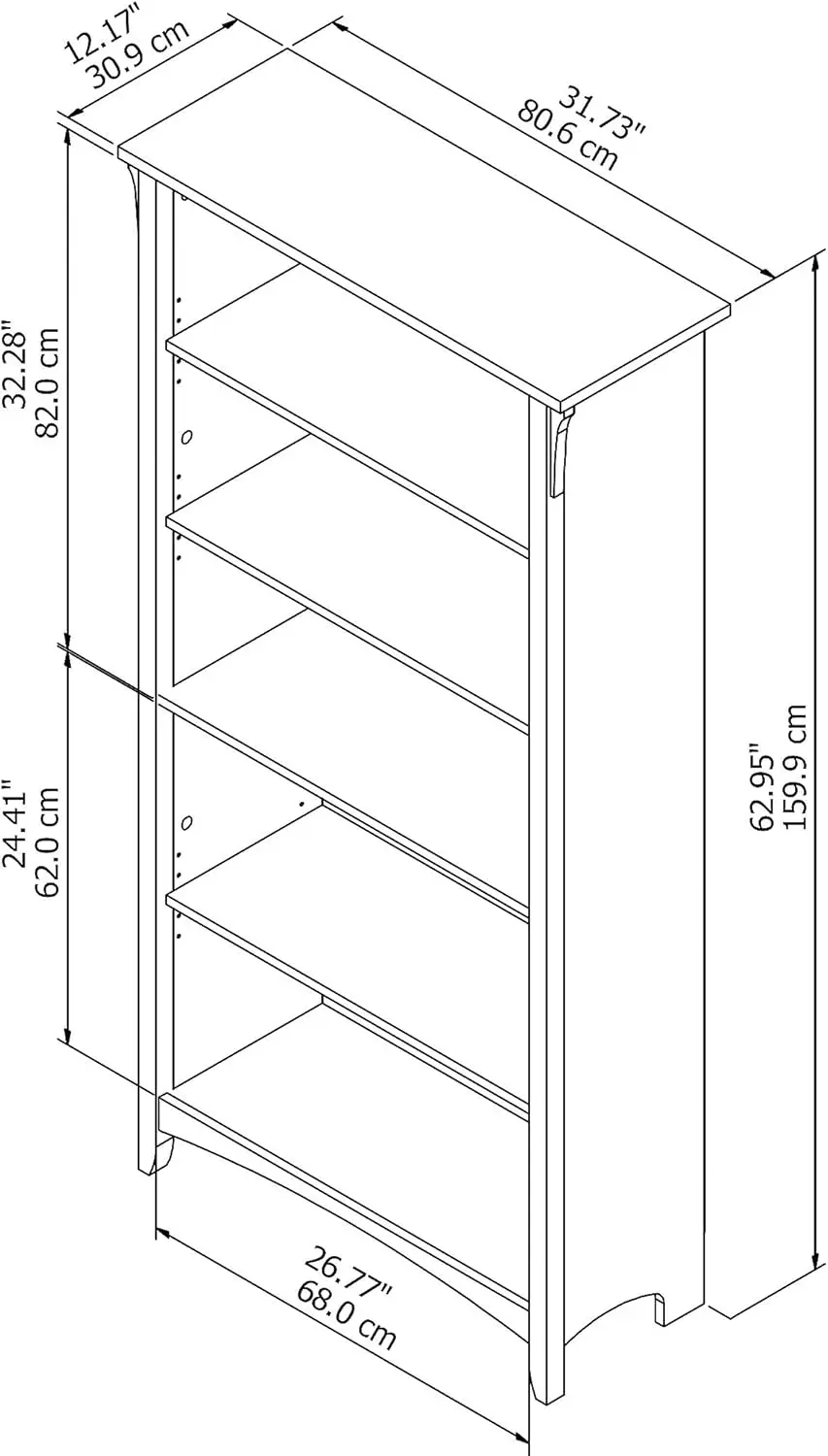 Salinas 5 Shelf Bookcase In Antique White, Tall Bookshelf, Large Book Shelf For Living Room, Home Office, Or Entryway