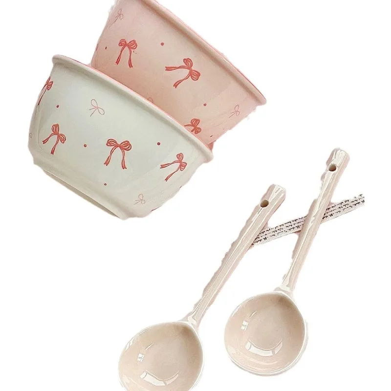 

New bow dish set household ceramic bowl tableware high value cute yogurt bowl straw hat plate