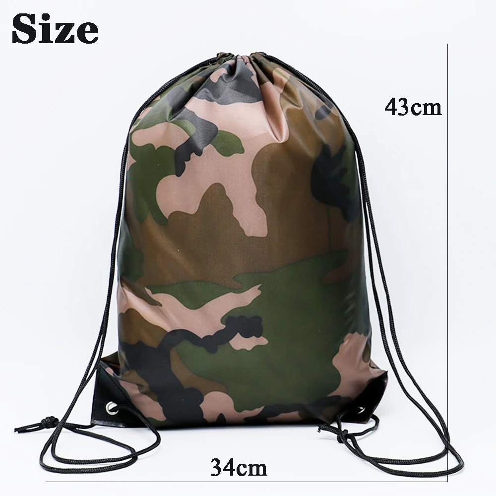 Camuflagem Drawstring Mochila, pequena moda, sapatos, armazenamento de roupas, ginásio, equitação, viagens, esportes, portátil, Oxford