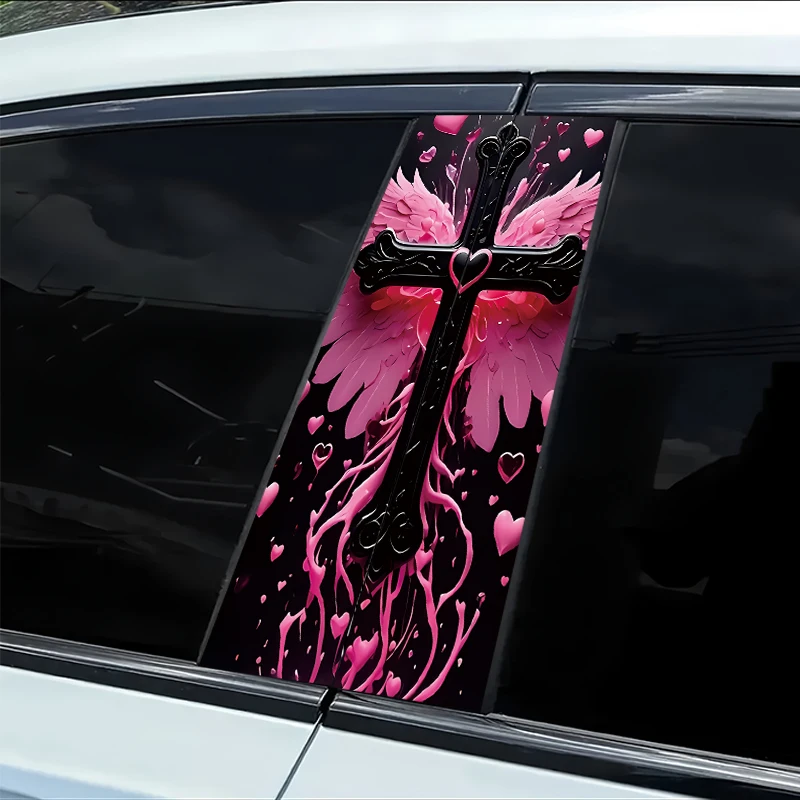 

2 наклейки на B-стойку автомобиля, черные с рисунком креста, розовыми крыльями и узорами в виде сердец, виниловая защитная пленка.