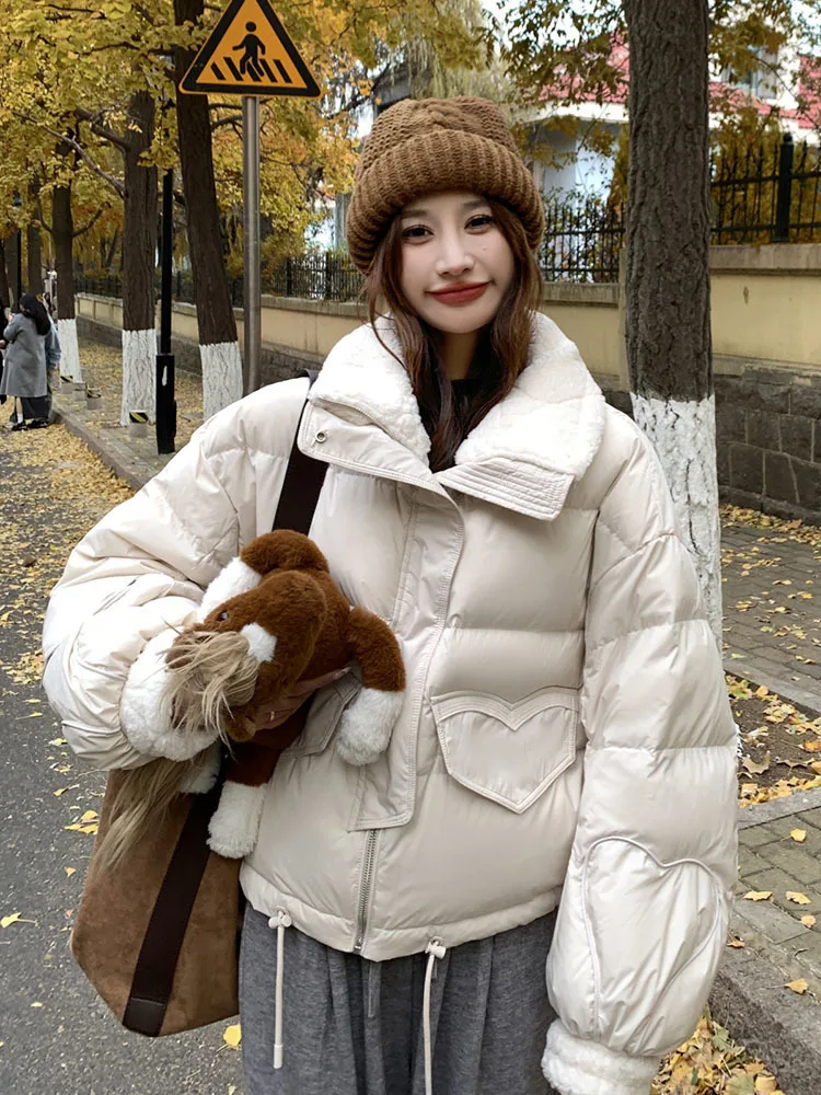 

2024 New Winter Standing Neck Loose White Duck Down Warm Jacket Women Buttons Solid Color Warm Casual Puffer Bread Coat