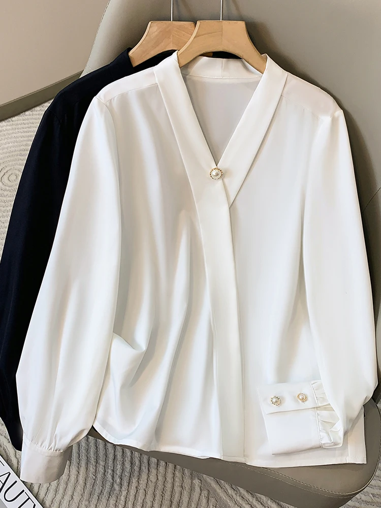 Plus Größe Chiffon Hemd Frauen 2024 Herbst V-ausschnitt Elegante Schwarz Oder Weißes Hemd Für Frauen Koreanischen Stil Große Größe blusen Weibliche