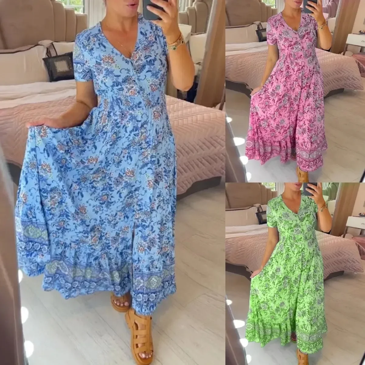 

Women Boho Floral Print Long Dress Summer Short Sleeve V Neck Maxi Dresses 2024 Casual Holiday Beach Dresses