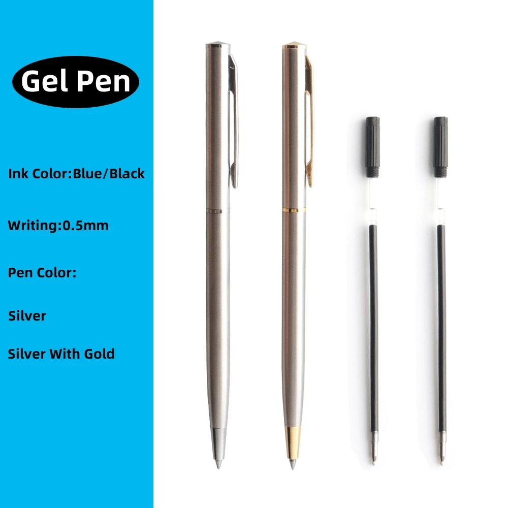 

Металлическая гелевая ручка из нержавеющей стали, материал вращающихся гелевых ручек, чернильные цвета, черный, синий, точка письма 0,5 мм для школьных канцелярских принадлежностей