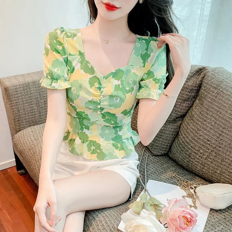 Zoet bedrukt shirt met korte mouwen voor dames Nieuwe trendy bubble-top met korte mouwen en een jeugdig en chic cropped ontwerp