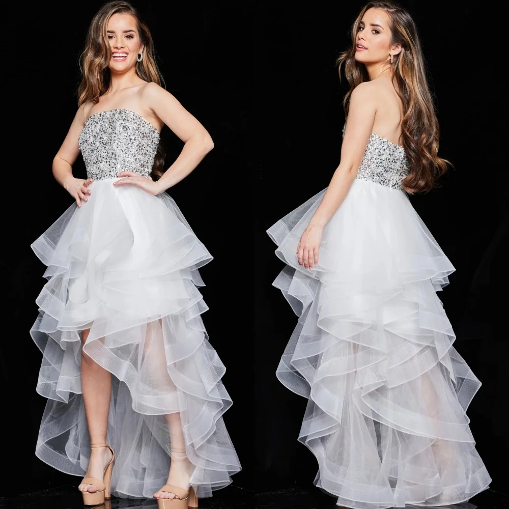 Customized Sparkle Modern Style Tulle Sequined Beading Ruched A-line Strapless Long Dresses Evening Dresses Sizes Available Sexy