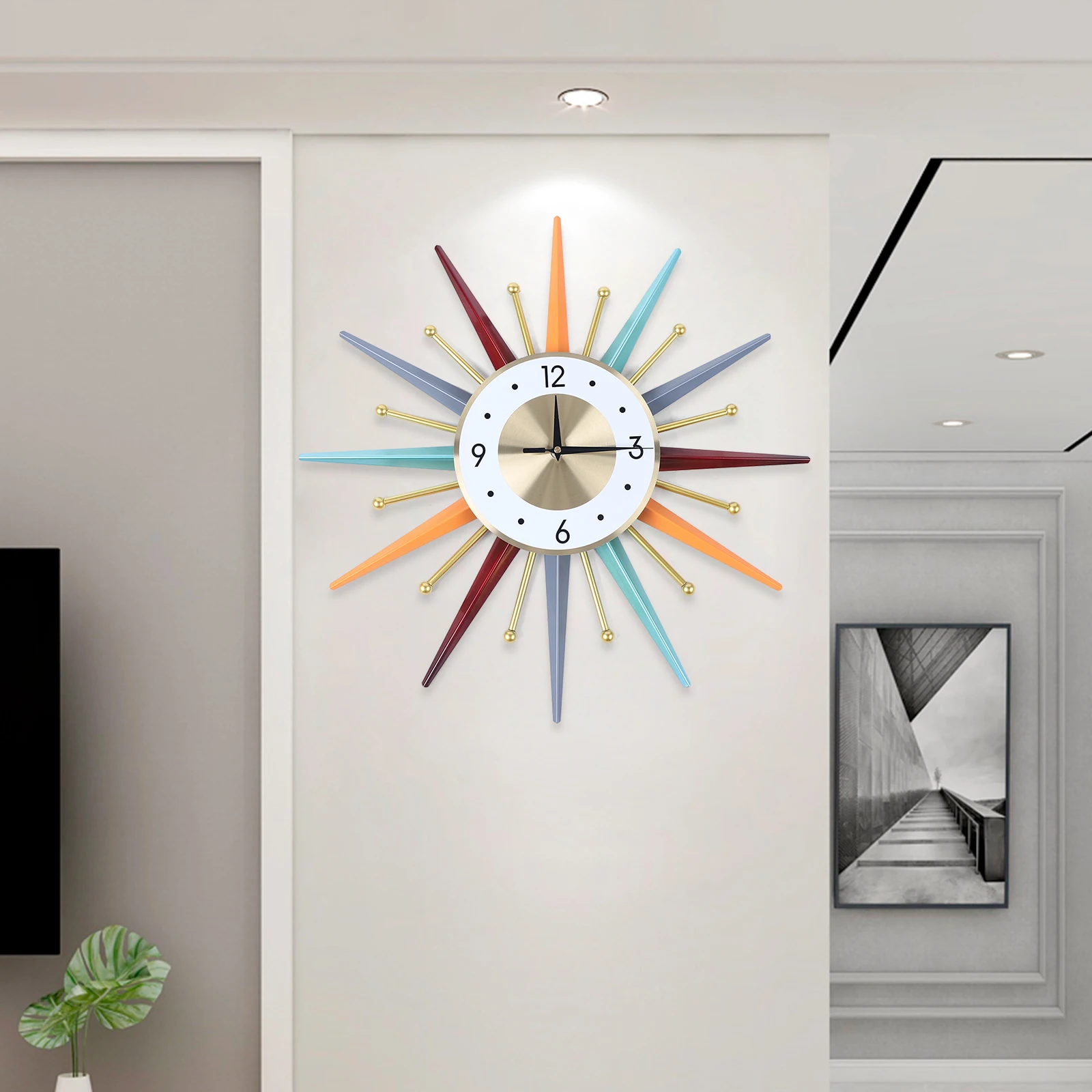 

Wall Clock Oversized Silent Metal Sunburst Clock Colorful Home Office Starburst Style for Living Room Bedroom Study Dining Room