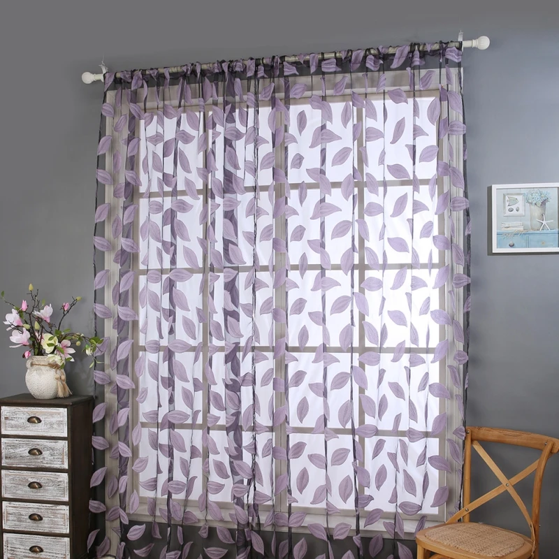 Leaf Embroidered Sheer 1 Panel Long Window Crushed Gauze Room Curtain Voile Tulle Window Drapery Rod Pocket