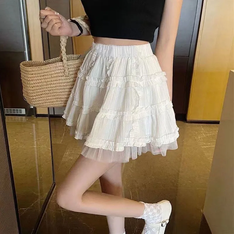 

Mini Skirt Woman High Waist Cute Ruffle Pleated A-Line Skirts Kawaii Lace Short Skirt for Women White Lolita