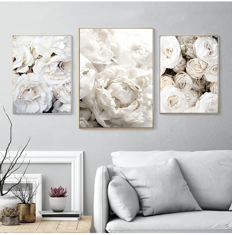 3 pezzi / set Peonia Rosa Fiori bianchi Kit di pittura diamante 5D Pieno quadrato e diamante rotondo Ricamo Punto mosaico Trittico nordico