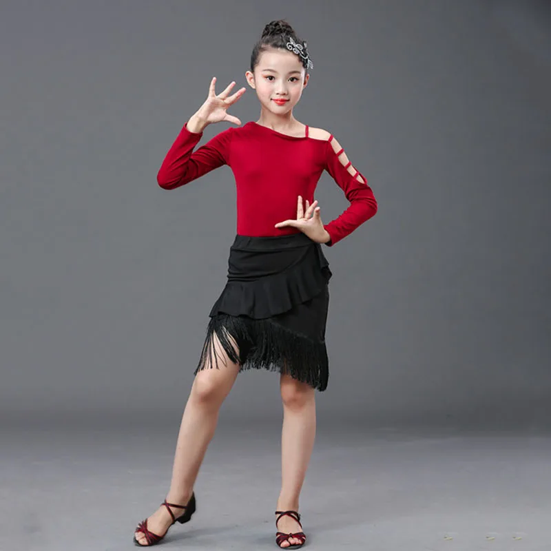 Latin dance costume children's and girls long sleeved tassel dance dress Latin dress performance suit two-piece set Samba skirt