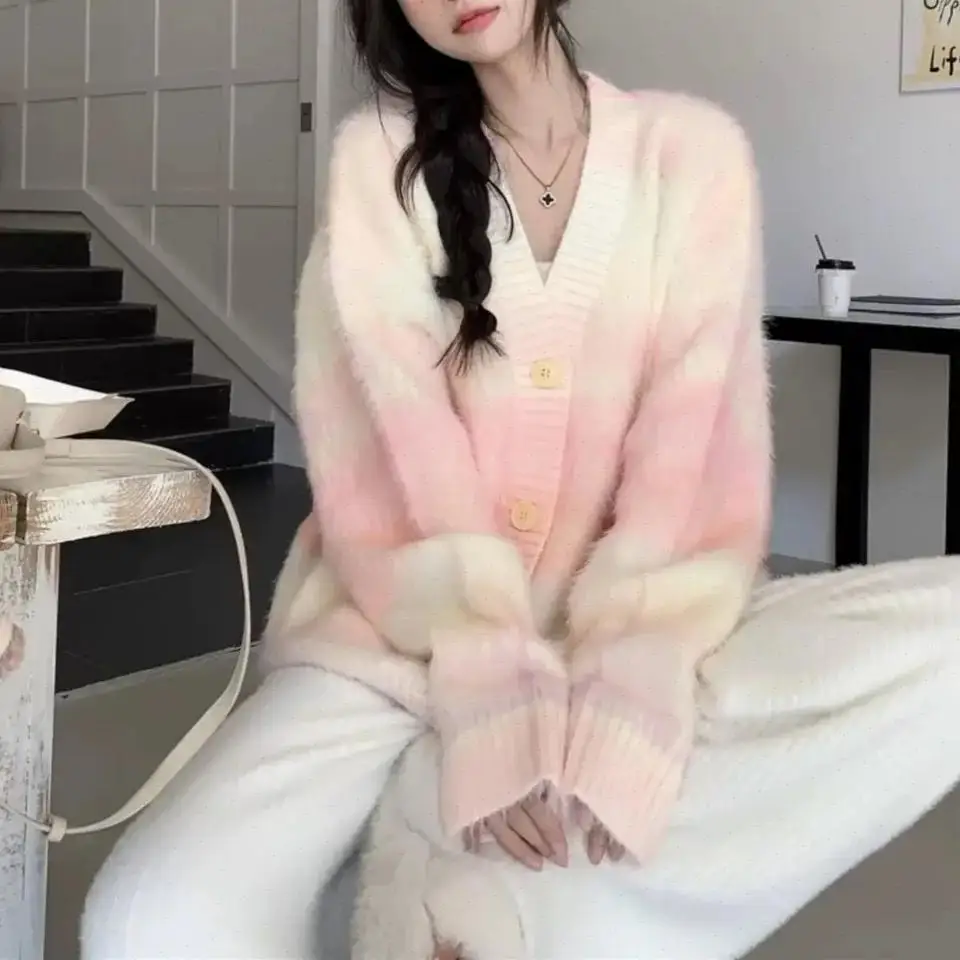 Women Knit Coat Gradient V Neck Casual Spliced Cardigan Sweaters Single Breasted Coats Thick Jumpers Sweet Autumn Winter