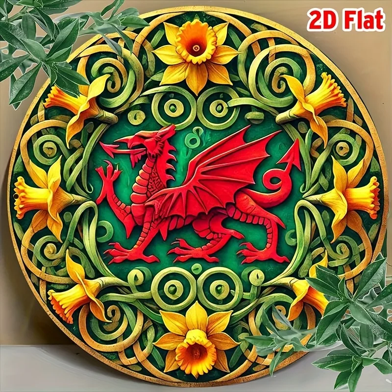 Welsh Dragon Daffodil Round Tin Sign - Vintage Durable Metal Plaque Wall Decor, Celtic Style Home Office Bar Man Cave Wall Art