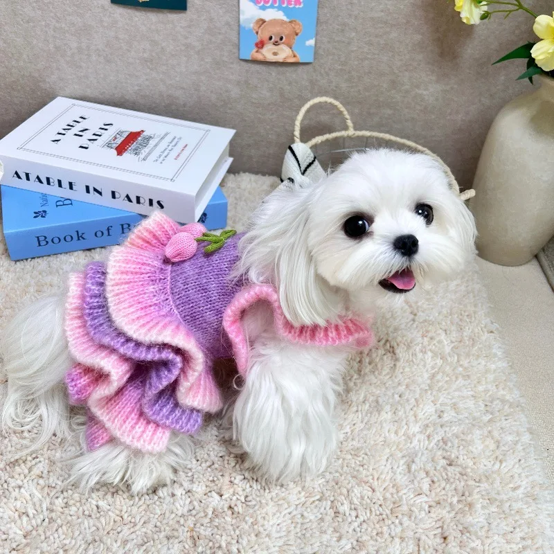 Autumn Winter Puppy Sweater Outfits Fashion Pink Purple Flower Gradient Sling Dresses for Small Medium Dogs Poodle Pet Clothes