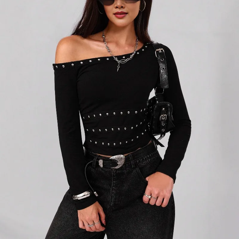 Women Studded Tops Punk Fashion Crop Top Clubwear Fashion Off Shoulder Long Sleeve Solid Slim Fitted T-Shirt Streetwear Outfits