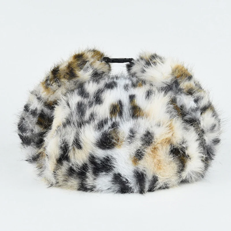 فو الأرنب الفراء الصياد قبعة الفهد طباعة الطيار قبعة مع حماية الأذن الشتاء العاصفة برهان هود للرجال النساء التزلج #4