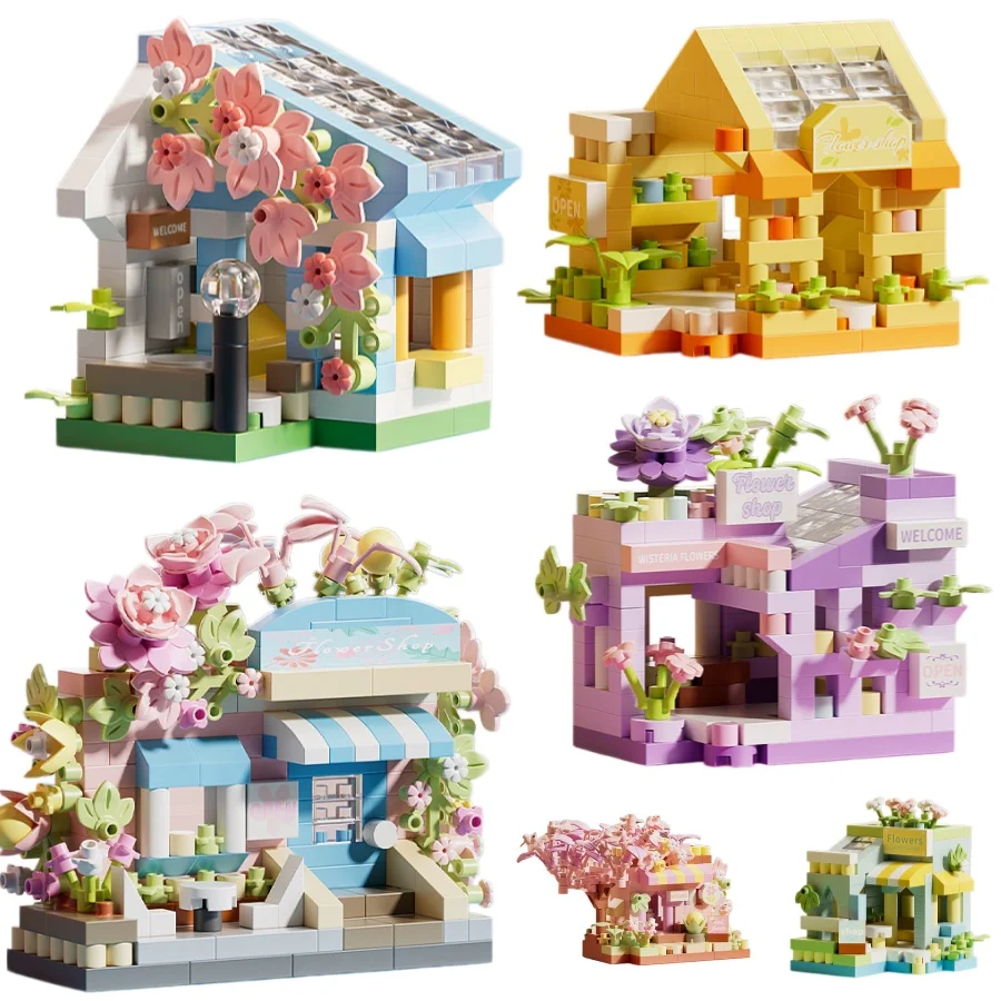 Set de Bloques de Construcción Decorativos de Mini Tienda de Flores y Casa de Comida con Vista a la Ciudad, Juguete de Bloques de Construcción para Armar, Regalo